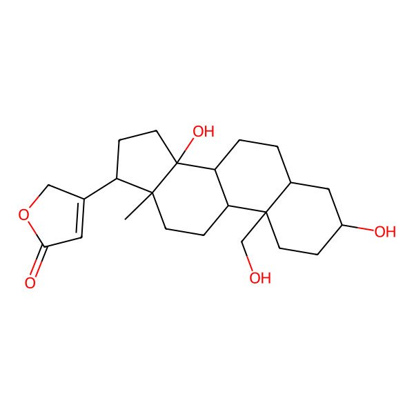 2D Structure of 3-[(3S,5R,8R,9S,10R,13R,14S,17R)-3,14-dihydroxy-10-(hydroxymethyl)-13-methyl-1,2,3,4,5,6,7,8,9,11,12,15,16,17-tetradecahydrocyclopenta[a]phenanthren-17-yl]-2H-furan-5-one