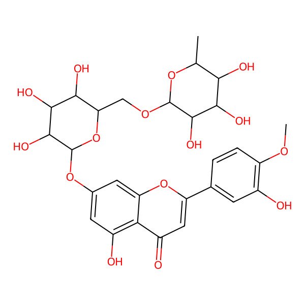 2D Structure of 5-hydroxy-2-(3-hydroxy-4-methoxyphenyl)-7-[(2S,3S,4S,5S,6S)-3,4,5-trihydroxy-6-[[(2R,3R,4S,5R,6S)-3,4,5-trihydroxy-6-methyloxan-2-yl]oxymethyl]oxan-2-yl]oxychromen-4-one