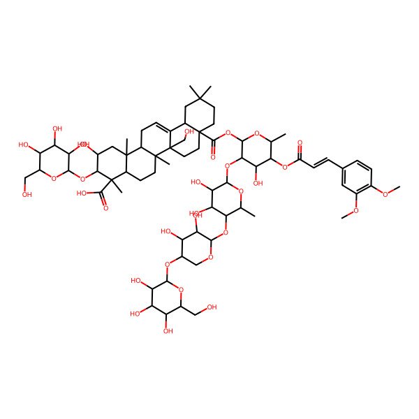 2D Structure of (2S,3R,4S,4aR,6aR,6bR,8aS,12aS,14aR,14bR)-8a-[(2S,3R,4S,5R,6R)-3-[(2S,3R,4S,5R,6S)-5-[(2S,3R,4R,5R)-3,4-dihydroxy-5-[(2S,3R,4S,5R,6R)-3,4,5-trihydroxy-6-(hydroxymethyl)oxan-2-yl]oxyoxan-2-yl]oxy-3,4-dihydroxy-6-methyloxan-2-yl]oxy-5-[(Z)-3-(3,4-dimethoxyphenyl)prop-2-enoyl]oxy-4-hydroxy-6-methyloxan-2-yl]oxycarbonyl-2-hydroxy-6b-(hydroxymethyl)-4,6a,11,11,14b-pentamethyl-3-[(2R,3R,4S,5S,6R)-3,4,5-trihydroxy-6-(hydroxymethyl)oxan-2-yl]oxy-1,2,3,4a,5,6,7,8,9,10,12,12a,14,14a-tetradecahydropicene-4-carboxylic acid
