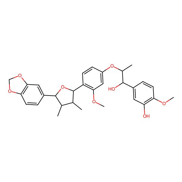 2D Structure of 5-[(1R,2R)-2-[4-[(2S,3R,4R,5S)-5-(1,3-benzodioxol-5-yl)-3,4-dimethyloxolan-2-yl]-3-methoxyphenoxy]-1-hydroxypropyl]-2-methoxyphenol