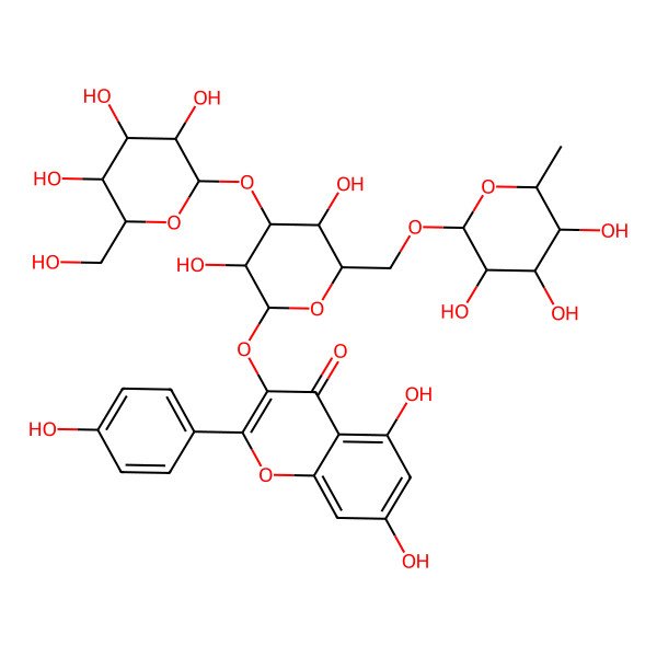 2D Structure of 3-[(2S,3R,4S,5R,6R)-3,5-dihydroxy-4-[(2S,3R,4S,5S,6R)-3,4,5-trihydroxy-6-(hydroxymethyl)oxan-2-yl]oxy-6-[[(2R,3R,4R,5R,6S)-3,4,5-trihydroxy-6-methyloxan-2-yl]oxymethyl]oxan-2-yl]oxy-5,7-dihydroxy-2-(4-hydroxyphenyl)chromen-4-one
