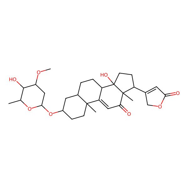 2D Structure of 3-[(3S,5R,8R,10S,13R,14S,17R)-14-hydroxy-3-[(2R,4S,5S,6S)-5-hydroxy-4-methoxy-6-methyloxan-2-yl]oxy-10,13-dimethyl-12-oxo-2,3,4,5,6,7,8,15,16,17-decahydro-1H-cyclopenta[a]phenanthren-17-yl]-2H-furan-5-one