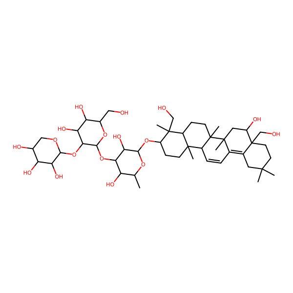 2D Structure of (2S,3R,4S,5R)-2-[(2S,3R,4S,5S,6R)-2-[(2R,3R,4S,5S,6R)-2-[[(3S,4R,6aR,6bS,8R,14bS)-8-hydroxy-4,8a-bis(hydroxymethyl)-4,6a,6b,11,11,14b-hexamethyl-1,2,3,4a,5,6,7,8,9,10,12,14a-dodecahydropicen-3-yl]oxy]-3,5-dihydroxy-6-methyloxan-4-yl]oxy-4,5-dihydroxy-6-(hydroxymethyl)oxan-3-yl]oxyoxane-3,4,5-triol