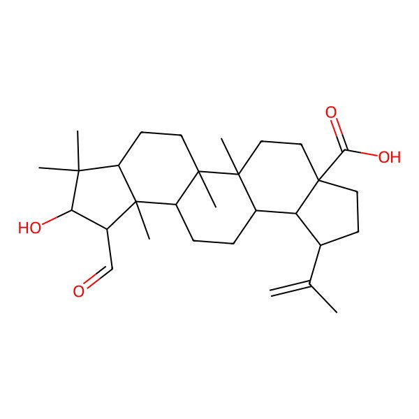 2D Structure of (1R,2R,5S,8R,14R,15S,16R,18R)-15-formyl-16-hydroxy-1,2,14,17,17-pentamethyl-8-prop-1-en-2-ylpentacyclo[11.7.0.02,10.05,9.014,18]icosane-5-carboxylic acid