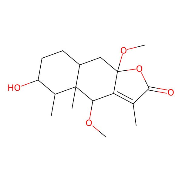 2D Structure of (4S)-6beta-Hydroxy-4beta,9aalpha-dimethoxy-3,4abeta,5beta-trimethyl-4a,5,6,7,8,8abeta,9,9a-octahydronaphtho[2,3-b]furan-2(4H)-one
