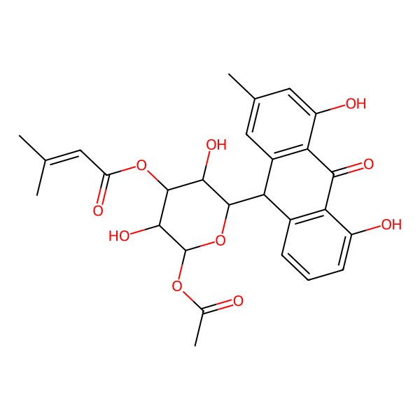 2D Structure of [(2R,3R,4R,5S,6R)-2-acetyloxy-6-[(9R)-4,5-dihydroxy-2-methyl-10-oxo-9H-anthracen-9-yl]-3,5-dihydroxyoxan-4-yl] 3-methylbut-2-enoate