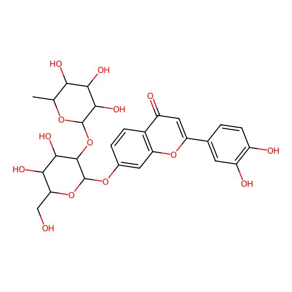 2D Structure of 7-{[(2S,3R,4S,5S,6R)-4,5-dihydroxy-6-(hydroxymethyl)-3-{[(2S,3R,4R,5R,6S)-3,4,5-trihydroxy-6-methyloxan-2-yl]oxy}oxan-2-yl]oxy}-2-(3,4-dihydroxyphenyl)-4H-chromen-4-one