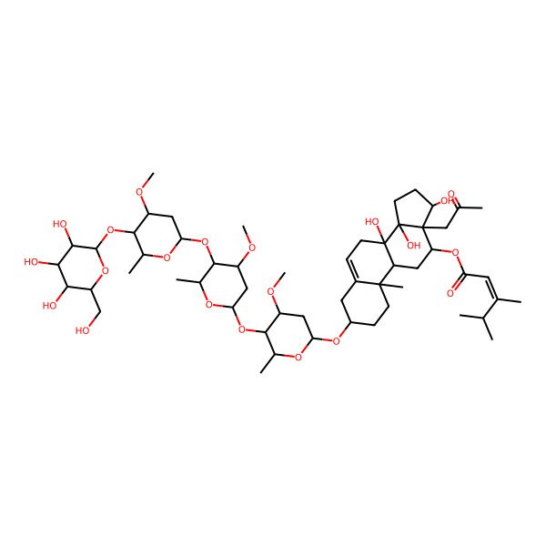 2D Structure of [(3S,8S,10R,12R,13S,14R,17S)-8,14,17-trihydroxy-3-[(2R,4R,5S,6R)-4-methoxy-5-[(2S,4R,5S,6R)-4-methoxy-5-[(2S,4R,5S,6R)-4-methoxy-6-methyl-5-[(2S,3R,4S,5S,6R)-3,4,5-trihydroxy-6-(hydroxymethyl)oxan-2-yl]oxyoxan-2-yl]oxy-6-methyloxan-2-yl]oxy-6-methyloxan-2-yl]oxy-10-methyl-13-(2-oxopropyl)-2,3,4,7,9,11,12,15,16,17-decahydro-1H-cyclopenta[a]phenanthren-12-yl] (E)-3,4-dimethylpent-2-enoate