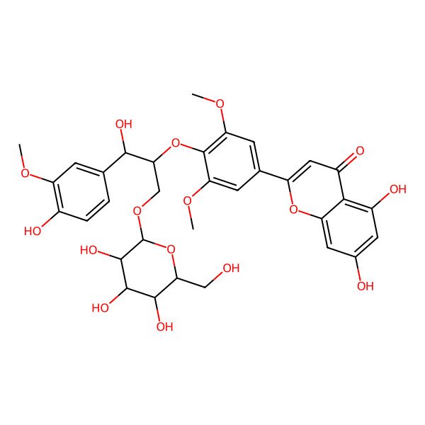 2D Structure of (2S,3R)-2-[4-(5,7-dihydroxy-4-oxo-4H-1-benzopyran-2-yl)-2,6-dimethoxyphenoxy]-3-hydroxy-3-(4-hydroxy-3-methoxyphenyl)propyl beta-D-glucopyranoside