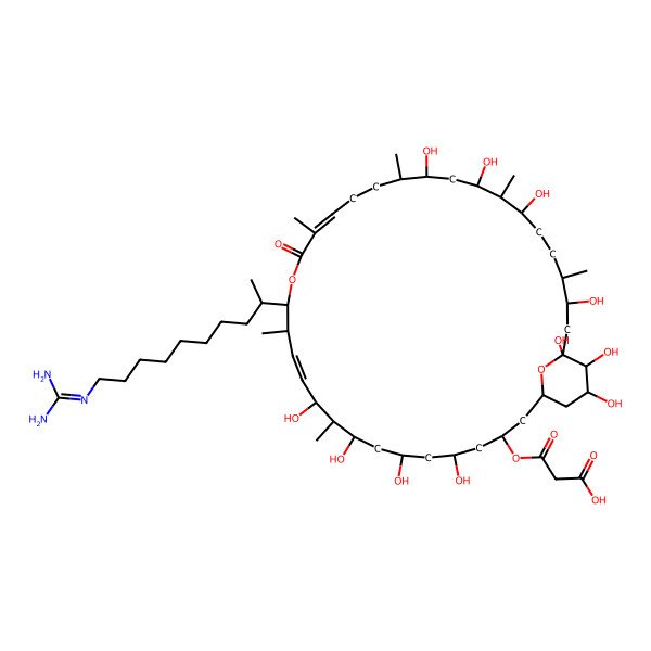 2D Structure of 3-[[(12E,18Z)-15-[10-(diaminomethylideneamino)decan-2-yl]-5,7,9,11,23,25,27,31,33,34,35-undecahydroxy-10,14,18,22,26,30-hexamethyl-17-oxo-16,37-dioxabicyclo[31.3.1]heptatriaconta-12,18-dien-3-yl]oxy]-3-oxopropanoic acid
