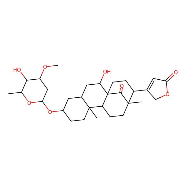 2D Structure of 3-[(1R,2S,4R,6S,9S,10R,13R,14R)-2-hydroxy-6-[(2R,4R,5S,6R)-5-hydroxy-4-methoxy-6-methyloxan-2-yl]oxy-9,13-dimethyl-17-oxo-14-tetracyclo[11.3.1.01,10.04,9]heptadecanyl]-2H-furan-5-one