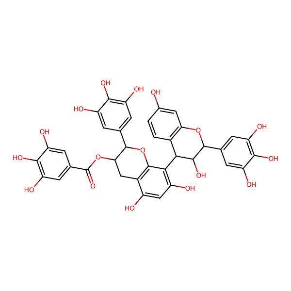 2D Structure of [(2R,3R)-8-[(2R,3S,4S)-3,7-dihydroxy-2-(3,4,5-trihydroxyphenyl)-3,4-dihydro-2H-chromen-4-yl]-5,7-dihydroxy-2-(3,4,5-trihydroxyphenyl)-3,4-dihydro-2H-chromen-3-yl] 3,4,5-trihydroxybenzoate