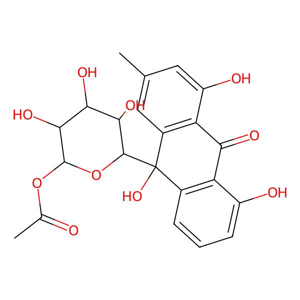 2D Structure of [(2R,3R,4R,5R,6S)-3,4,5-trihydroxy-6-[(9S)-4,5,9-trihydroxy-2-methyl-10-oxoanthracen-9-yl]oxan-2-yl] acetate
