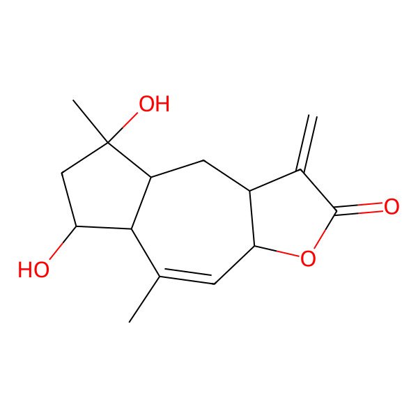 2D Structure of (3aS,5aS,6S,8R,8aR,9aS)-6,8-dihydroxy-5,8-dimethyl-1-methylidene-5a,6,7,8a,9,9a-hexahydro-3aH-azuleno[6,5-b]furan-2-one