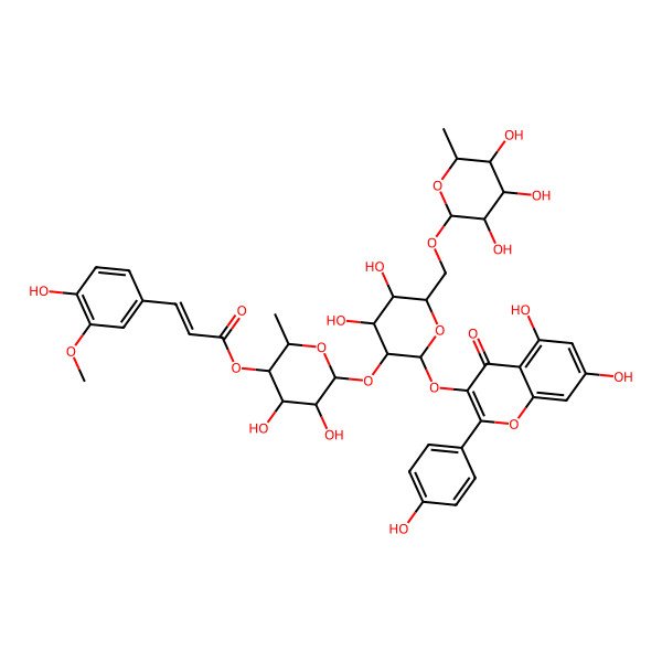 2D Structure of 5,7,4'-Trihydroxyflavone-3-yl 2-O-[4-O-(3-methoxy-4-hydroxy-trans-cinnamoyl)-alpha-L-rhamnopyranosyl]-6-O-(alpha-L-rhamnopyranosyl)-beta-D-glucopyranoside