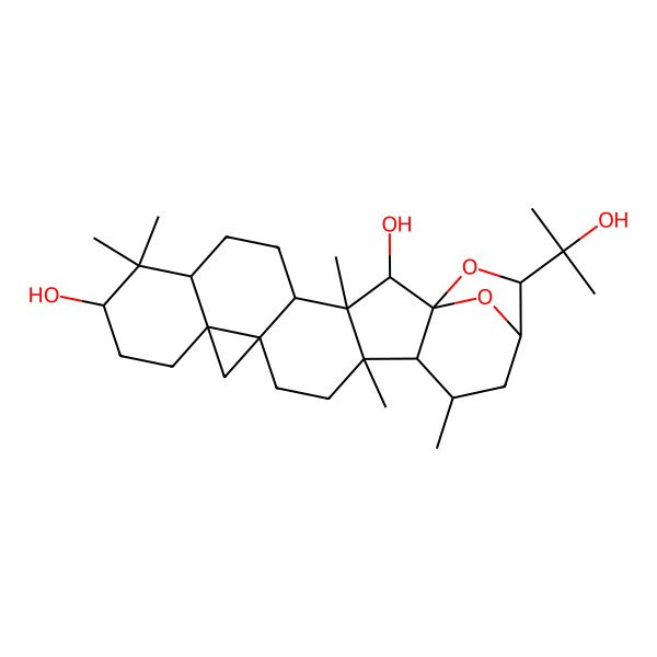 2D Structure of 11-(2-Hydroxypropan-2-yl)-1,1,7a,8,13a-pentamethyloctadecahydro-5H-10,12a-epoxycyclopropa[1',8a']naphtho[2',1':4,5]indeno[2,1-b]oxepine-2,13-diol