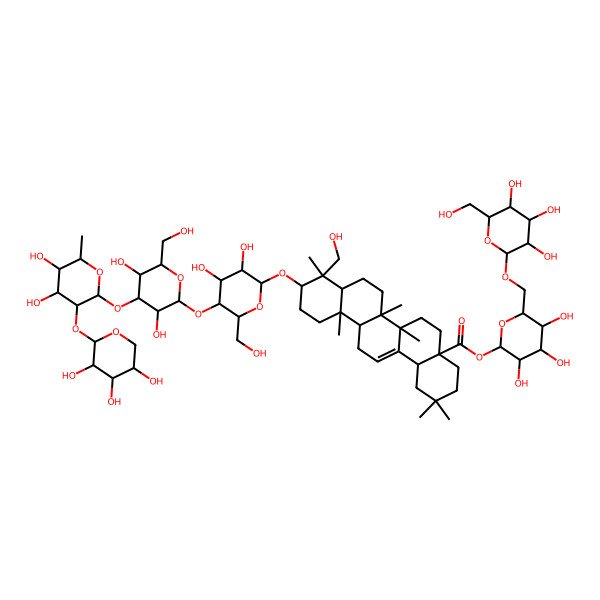 2D Structure of [(2S,3R,4S,5S,6R)-3,4,5-trihydroxy-6-[[(2R,3R,4S,5S,6R)-3,4,5-trihydroxy-6-(hydroxymethyl)oxan-2-yl]oxymethyl]oxan-2-yl] 10-[(2R,3R,4R,5S,6R)-5-[(2S,3R,4S,5R,6R)-4-[(2S,3R,4R,5R,6S)-4,5-dihydroxy-6-methyl-3-[(2S,3R,4S,5S)-3,4,5-trihydroxyoxan-2-yl]oxyoxan-2-yl]oxy-3,5-dihydroxy-6-(hydroxymethyl)oxan-2-yl]oxy-3,4-dihydroxy-6-(hydroxymethyl)oxan-2-yl]oxy-9-(hydroxymethyl)-2,2,6a,6b,9,12a-hexamethyl-1,3,4,5,6,6a,7,8,8a,10,11,12,13,14b-tetradecahydropicene-4a-carboxylate