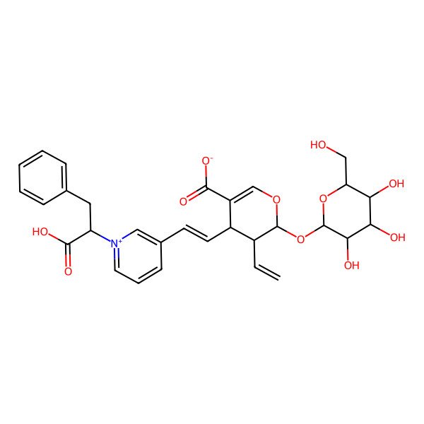 2D Structure of (2S,3R,4S)-4-[(Z)-2-[1-[(1R)-1-carboxy-2-phenylethyl]pyridin-1-ium-3-yl]ethenyl]-3-ethenyl-2-[(2S,3R,4S,5S,6R)-3,4,5-trihydroxy-6-(hydroxymethyl)oxan-2-yl]oxy-3,4-dihydro-2H-pyran-5-carboxylate