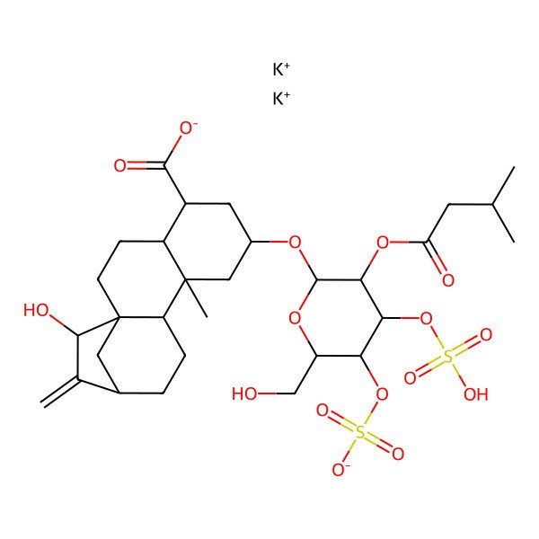 2D Structure of dipotassium;(1R,4R,5R,7R,9R,10S,13R,15S)-15-hydroxy-7-[(2R,3R,4R,5R,6R)-6-(hydroxymethyl)-3-(3-methylbutanoyloxy)-5-sulfonatooxy-4-sulfooxyoxan-2-yl]oxy-9-methyl-14-methylidenetetracyclo[11.2.1.01,10.04,9]hexadecane-5-carboxylate