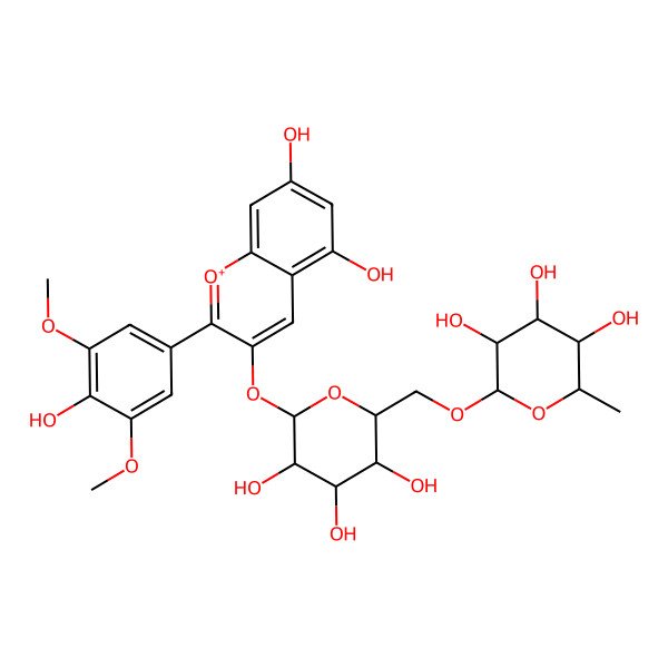 2D Structure of 3-[(6-O-alpha-L-Rhamnopyranosyl-beta-D-glucopyranosyl)oxy]-4',5,7-trihydroxy-3',5'-dimethoxyflavylium
