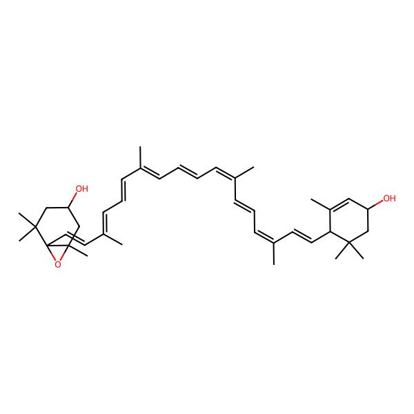 2D Structure of (1R,3S,6S)-6-[(1E,3Z,5E,7Z,9E,11E,13E,15E,17E)-18-[(1R,4R)-4-hydroxy-2,6,6-trimethylcyclohex-2-en-1-yl]-3,7,12,16-tetramethyloctadeca-1,3,5,7,9,11,13,15,17-nonaenyl]-1,5,5-trimethyl-7-oxabicyclo[4.1.0]heptan-3-ol