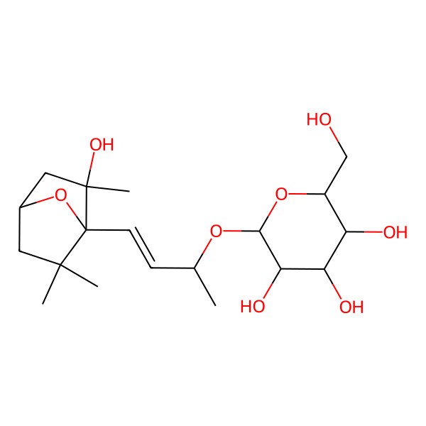 2D Structure of (2R,3S,4S,5R,6R)-2-(hydroxymethyl)-6-[(E,2R)-4-[(1S,2S,4R)-2-hydroxy-2,6,6-trimethyl-7-oxabicyclo[2.2.1]heptan-1-yl]but-3-en-2-yl]oxyoxane-3,4,5-triol