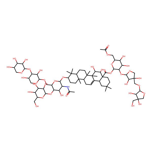 2D Structure of [(2S,3R,4S,5S,6R)-6-(acetyloxymethyl)-3-[(2S,3R,4R)-4-[[(2S,3R,4R)-3,4-dihydroxy-4-(hydroxymethyl)oxolan-2-yl]oxymethyl]-3,4-dihydroxyoxolan-2-yl]oxy-4,5-dihydroxyoxan-2-yl] (4aR,5S,6R,6aR,6aS,6bR,8aR,10S,12aR,14bS)-10-[(2R,3R,4R,5S,6R)-3-acetamido-6-[[(2S,3R,4S,5S)-3,5-dihydroxy-4-[(2S,3R,4S,5R)-3,4,5-trihydroxyoxan-2-yl]oxyoxan-2-yl]oxymethyl]-4-hydroxy-5-[(2S,3R,4S,5S,6R)-3,4,5-trihydroxy-6-(hydroxymethyl)oxan-2-yl]oxyoxan-2-yl]oxy-5,6-dihydroxy-2,2,6a,6b,9,9,12a-heptamethyl-1,3,4,5,6,6a,7,8,8a,10,11,12,13,14b-tetradecahydropicene-4a-carboxylate