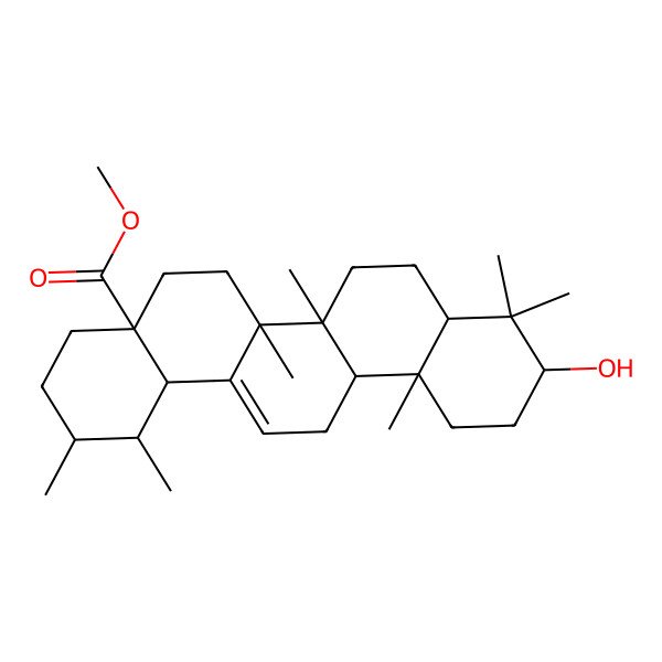 2D Structure of methyl (1S,2R,4aS,6aR,6aS,6bR,8aS,10R,12aR,14bS)-10-hydroxy-1,2,6a,6b,9,9,12a-heptamethyl-2,3,4,5,6,6a,7,8,8a,10,11,12,13,14b-tetradecahydro-1H-picene-4a-carboxylate