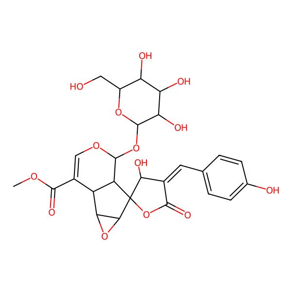 2D Structure of methyl (1S,2S,3'R,4S,4'E,5S,6S,7S)-3'-hydroxy-4'-[(4-hydroxyphenyl)methylidene]-5'-oxo-7-[(2S,3R,4S,5S,6R)-3,4,5-trihydroxy-6-(hydroxymethyl)oxan-2-yl]oxyspiro[3,8-dioxatricyclo[4.4.0.02,4]dec-9-ene-5,2'-oxolane]-10-carboxylate
