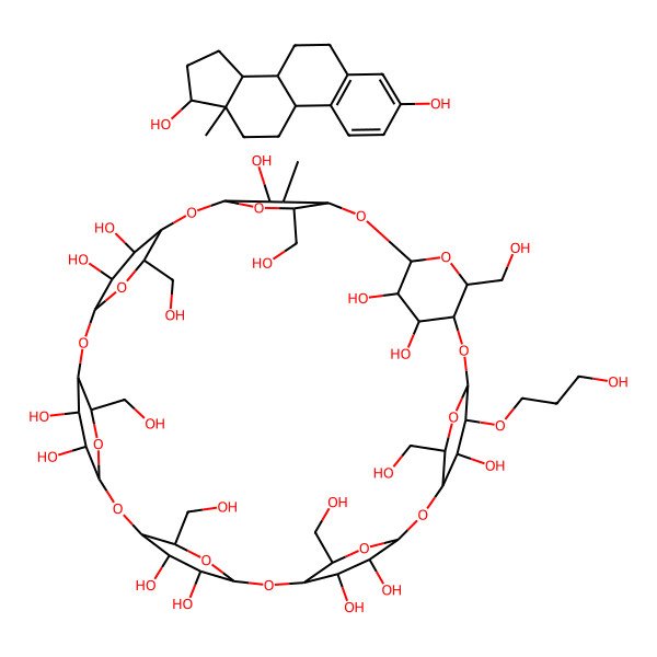 2D Structure of 5,10,15,20,25,30,35-Heptakis(hydroxymethyl)-45-(3-hydroxypropoxy)-48-methyl-2,4,7,9,12,14,17,19,22,24,27,29,32,34-tetradecaoxaoctacyclo[31.2.2.23,6.28,11.213,16.218,21.223,26.228,31]nonatetracontane-36,37,38,39,40,41,42,43,44,46,47,49-dodecol;13-methyl-6,7,8,9,11,12,14,15,16,17-decahydrocyclopenta[a]phenanthrene-3,17-diol