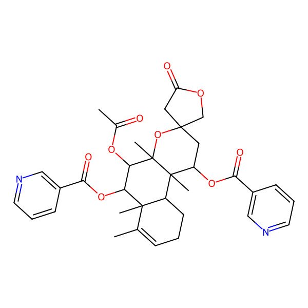 2D Structure of [(1S,3R,4aR,5S,6R,6aR,10aS,10bS)-5-acetyloxy-4a,6a,7,10b-tetramethyl-2'-oxo-6-(pyridine-3-carbonyloxy)spiro[2,5,6,9,10,10a-hexahydro-1H-benzo[f]chromene-3,4'-oxolane]-1-yl] pyridine-3-carboxylate