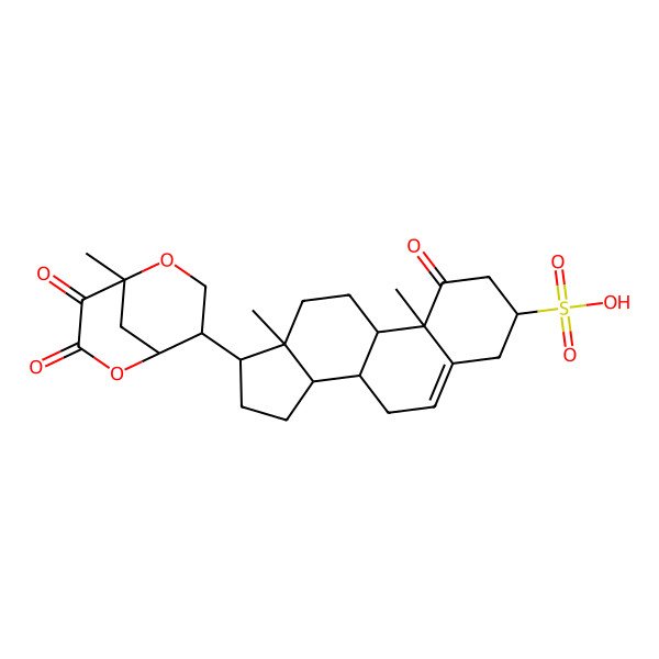 2D Structure of (10R,13S)-10,13-dimethyl-17-(1-methyl-7,8-dioxo-2,6-dioxabicyclo[3.3.1]nonan-4-yl)-1-oxo-2,3,4,7,8,9,11,12,14,15,16,17-dodecahydrocyclopenta[a]phenanthrene-3-sulfonic acid