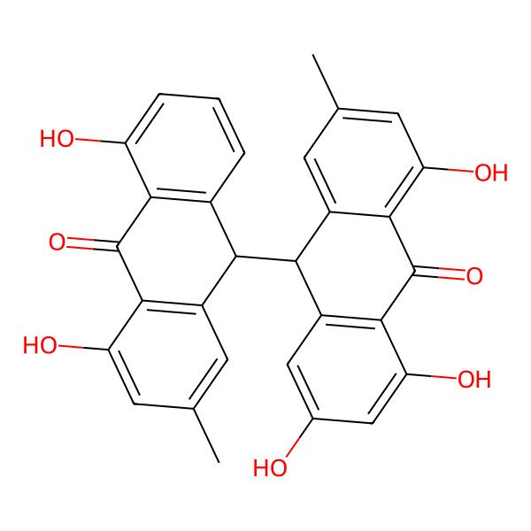 2D Structure of (10S)-10-[(9R)-4,5-dihydroxy-2-methyl-10-oxo-9H-anthracen-9-yl]-1,3,8-trihydroxy-6-methyl-10H-anthracen-9-one