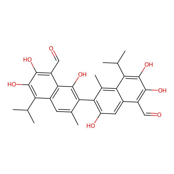 2D Structure of 7-(5-Formyl-3,6,7-trihydroxy-1-methyl-8-propan-2-ylnaphthalen-2-yl)-2,3,8-trihydroxy-6-methyl-4-propan-2-ylnaphthalene-1-carbaldehyde