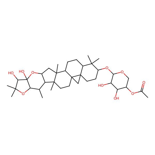 2D Structure of [(3R,4R,5R,6S)-6-[[(1S,2S,5R,7S,10R,12S,15R,16R,17S,18R,21R,22R,24S)-21,22-dihydroxy-1,6,6,15,17,20,20-heptamethyl-19,23-dioxaheptacyclo[13.10.0.02,12.05,10.010,12.016,24.018,22]pentacosan-7-yl]oxy]-4,5-dihydroxyoxan-3-yl] acetate