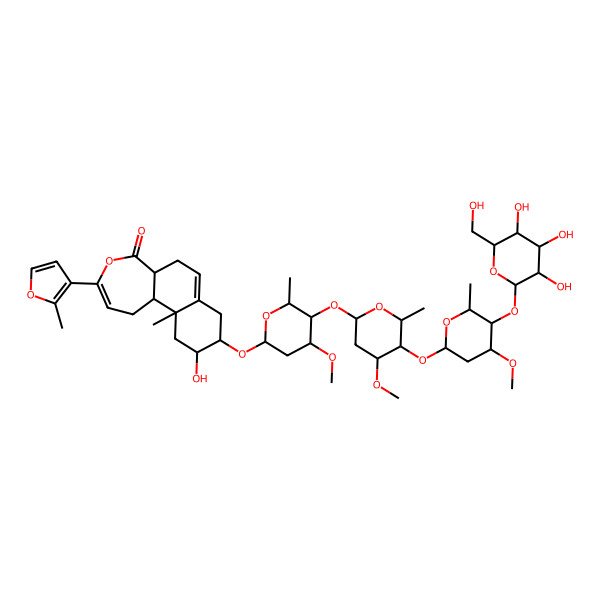 2D Structure of (5aR,9R,10R,11aR,11bS)-10-hydroxy-9-[(2S,4S,5R,6R)-4-methoxy-5-[(2S,4S,5R,6S)-4-methoxy-5-[(2S,4S,5R,6R)-4-methoxy-6-methyl-5-[(2S,3R,4S,5S,6R)-3,4,5-trihydroxy-6-(hydroxymethyl)oxan-2-yl]oxyoxan-2-yl]oxy-6-methyloxan-2-yl]oxy-6-methyloxan-2-yl]oxy-11a-methyl-3-(2-methylfuran-3-yl)-1,5a,6,8,9,10,11,11b-octahydrobenzo[g][2]benzoxepin-5-one