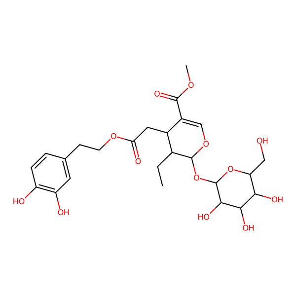 2D Structure of methyl (2S)-4-[2-[2-(3,4-dihydroxyphenyl)ethoxy]-2-oxoethyl]-3-ethyl-2-[(2S,3R,4S,5S,6R)-3,4,5-trihydroxy-6-(hydroxymethyl)oxan-2-yl]oxy-3,4-dihydro-2H-pyran-5-carboxylate