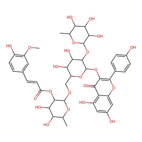 2D Structure of 5,7,4'-Trihydroxyflavone-3-yl 2-O-(alpha-L-rhamnopyranosyl)-6-O-[2-O-(3-methoxy-4-hydroxy-trans-cinnamoyl)-alpha-L-rhamnopyranosyl]-beta-D-galactopyranoside