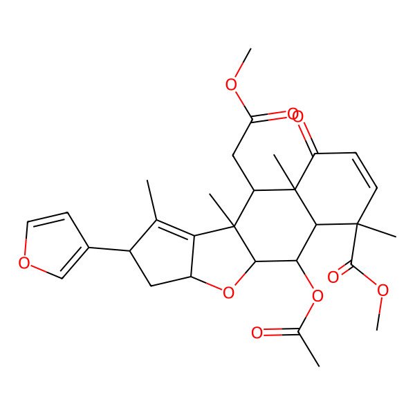 2D Structure of methyl (1S,2R,3S,4R,8R,9S,10R,13R,15R)-2-acetyloxy-13-(furan-3-yl)-9-(2-methoxy-2-oxoethyl)-4,8,10,12-tetramethyl-7-oxo-16-oxatetracyclo[8.6.0.03,8.011,15]hexadeca-5,11-diene-4-carboxylate