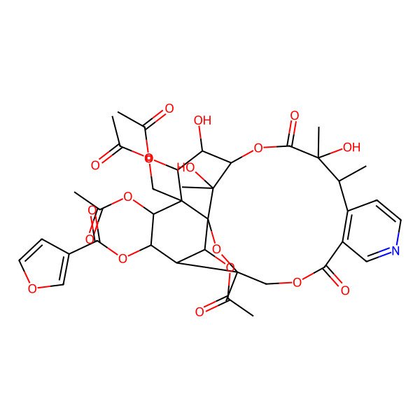 2D Structure of [(25S)-19,21,24-triacetyloxy-20-(acetyloxymethyl)-14,18,25-trihydroxy-3,13,14,25-tetramethyl-6,15-dioxo-2,5,16-trioxa-9-azapentacyclo[15.7.1.01,20.03,23.07,12]pentacosa-7(12),8,10-trien-22-yl] furan-3-carboxylate