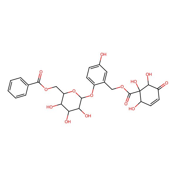 2D Structure of [2-[(2S,3R,4S,5S,6R)-6-(benzoyloxymethyl)-3,4,5-trihydroxyoxan-2-yl]oxy-5-hydroxyphenyl]methyl (1R,2R,6R)-1,2,6-trihydroxy-5-oxocyclohex-3-ene-1-carboxylate