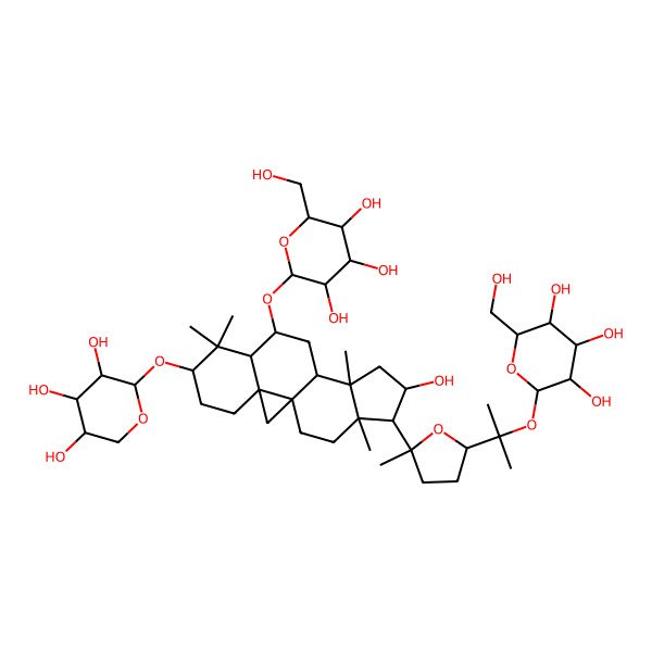 2D Structure of (2R,3S,4S,5R,6R)-2-(hydroxymethyl)-6-[[(9S,12S,16R)-14-hydroxy-7,7,12,16-tetramethyl-15-[2-methyl-5-[2-[(2S,3R,4S,5S,6R)-3,4,5-trihydroxy-6-(hydroxymethyl)oxan-2-yl]oxypropan-2-yl]oxolan-2-yl]-6-[(2S,3R,4S,5R)-3,4,5-trihydroxyoxan-2-yl]oxy-9-pentacyclo[9.7.0.01,3.03,8.012,16]octadecanyl]oxy]oxane-3,4,5-triol