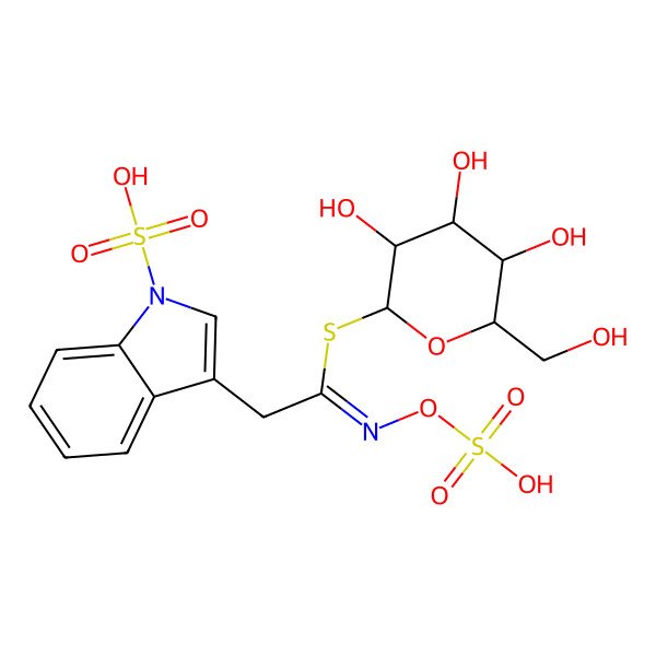 2D Structure of 3-[(2E)-2-sulfooxyimino-2-[3,4,5-trihydroxy-6-(hydroxymethyl)tetrahydropyran-2-yl]sulfanyl-ethyl]indole-1-sulfonic acid