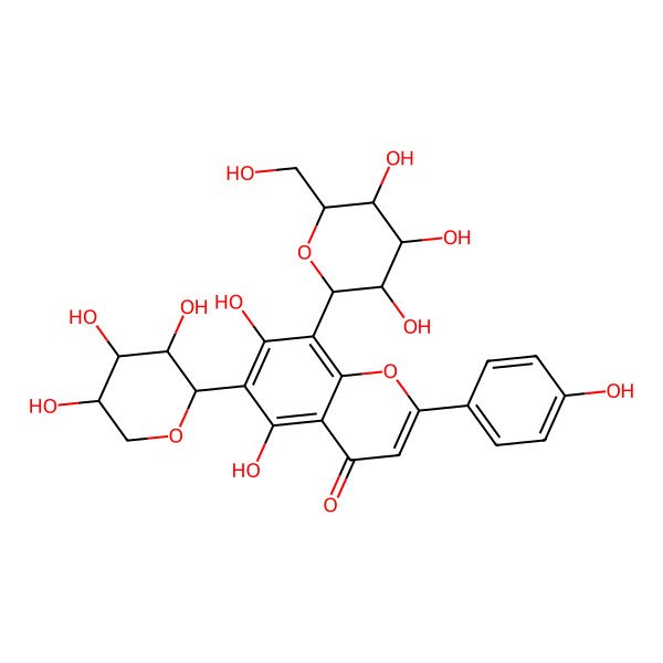 2D Structure of 5,7-dihydroxy-2-(4-hydroxyphenyl)-8-[(2S,4R,5S)-3,4,5-trihydroxy-6-(hydroxymethyl)oxan-2-yl]-6-[(2S,4S,5R)-3,4,5-trihydroxyoxan-2-yl]chromen-4-one