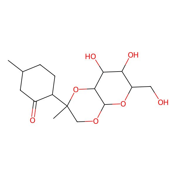 2D Structure of (2R,5S)-2-[(2R,4aR,6R,7S,8S,8aR)-7,8-dihydroxy-6-(hydroxymethyl)-2-methyl-3,4a,6,7,8,8a-hexahydropyrano[2,3-b][1,4]dioxin-2-yl]-5-methylcyclohexan-1-one