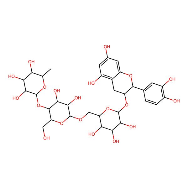 2D Structure of (2S,3R,4R,5R,6S)-2-[(2R,3S,4R,5R,6R)-6-[[(2R,3S,4S,5R,6R)-6-[[2-(3,4-dihydroxyphenyl)-5,7-dihydroxy-3,4-dihydro-2H-chromen-3-yl]oxy]-3,4,5-trihydroxyoxan-2-yl]methoxy]-4,5-dihydroxy-2-(hydroxymethyl)oxan-3-yl]oxy-6-methyloxane-3,4,5-triol