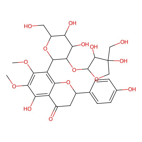 2D Structure of 8-[(2S,3R,4S,5S,6R)-3-[(2S,3R)-3,4-dihydroxy-4-(hydroxymethyl)oxolan-2-yl]oxy-4,5-dihydroxy-6-(hydroxymethyl)oxan-2-yl]-5-hydroxy-2-(4-hydroxyphenyl)-6,7-dimethoxy-2,3-dihydrochromen-4-one