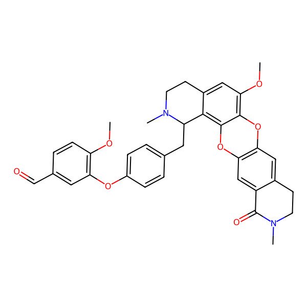 2D Structure of 4-methoxy-3-[4-[[(5S)-11-methoxy-6,19-dimethyl-20-oxo-2,13-dioxa-6,19-diazapentacyclo[12.8.0.03,12.04,9.016,21]docosa-1(14),3,9,11,15,21-hexaen-5-yl]methyl]phenoxy]benzaldehyde