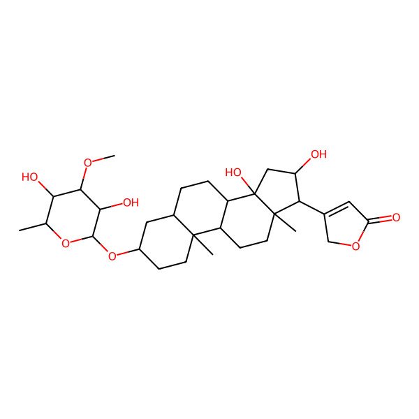 2D Structure of 3-[(3R,5R,10S,13R,14S,17R)-3-[(2R,5S)-3,5-dihydroxy-4-methoxy-6-methyloxan-2-yl]oxy-14,16-dihydroxy-10,13-dimethyl-1,2,3,4,5,6,7,8,9,11,12,15,16,17-tetradecahydrocyclopenta[a]phenanthren-17-yl]-2H-furan-5-one