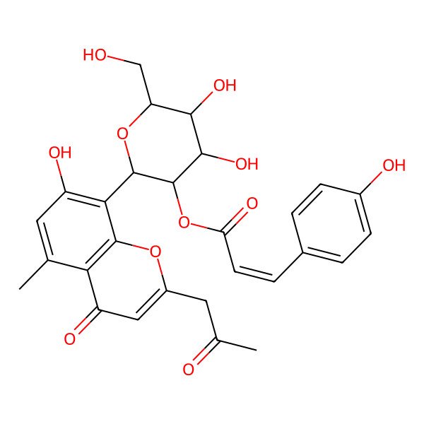 2D Structure of 1,5-Anhydro-1-[7-hydroxy-5-methyl-4-oxo-2-(2-oxopropyl)-4H-1-benzopyran-8-yl]-2-O-[3-(4-hydroxyphenyl)acryloyl]hexitol